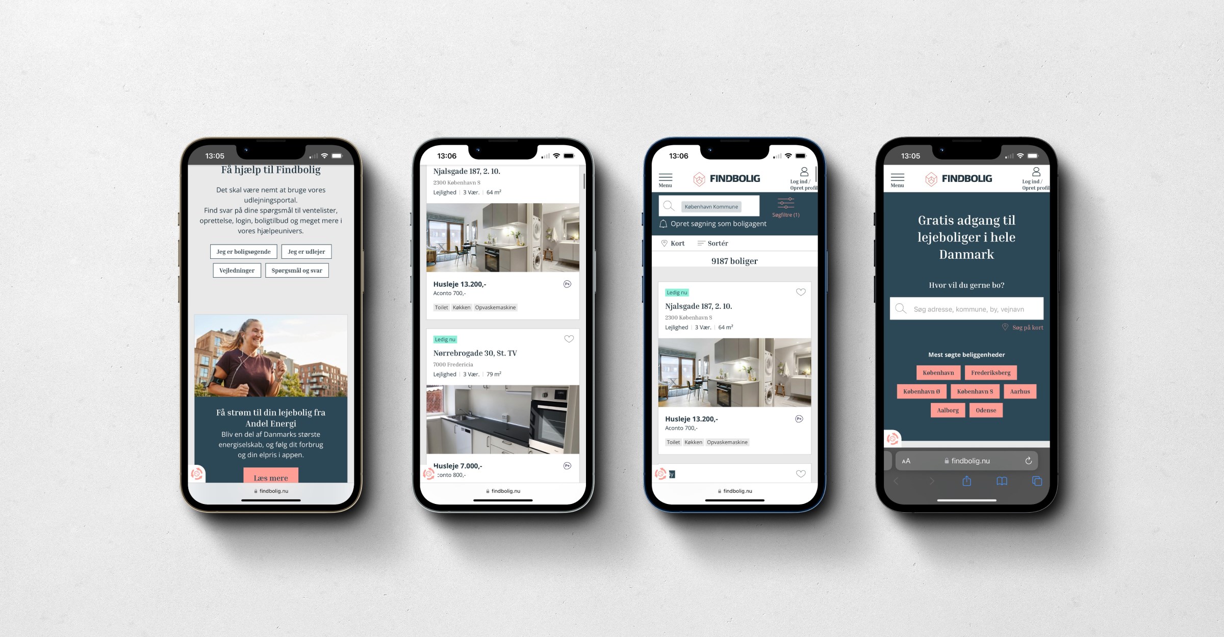 Four smartphones display different screens of a real estate app 