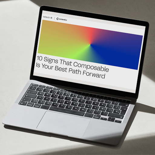Laptop displaying Valtech and Contentful guide titled '10 Signs That Composable Is Your Best Path Forward