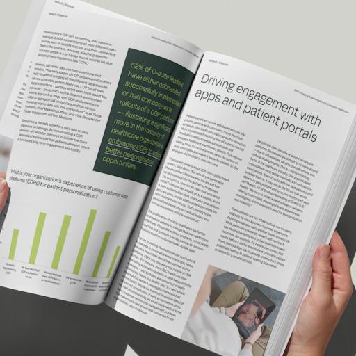 An open magazine spread showcasing a healthcare report, highlighting a green infographic box with text on customer data platforms (CDPs) and their use for better personalization opportunities, along with an accompanying bar chart and a small photo of a person using a digital tablet.