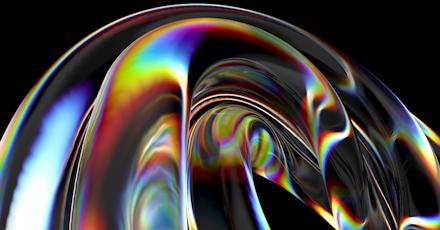 A 3D render of a glass-like object featuring vibrant dispersion and iridescent color effects, with smooth curves and reflections against a dark background.