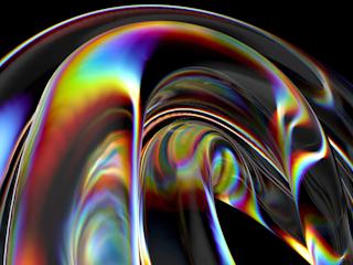 A vibrant and abstract design featuring flowing, ribbon-like shapes with a spectrum of iridescent colors on a black background. The image resembles the fluidity and reflective quality of liquid or light bending through a prism.