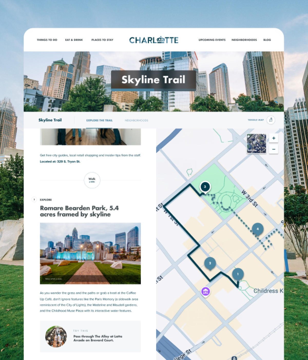 Charlotte Skyline Trail webpage showing a city walking map, local highlights like Romare Bearden Park, and nearby attractions for visitors.