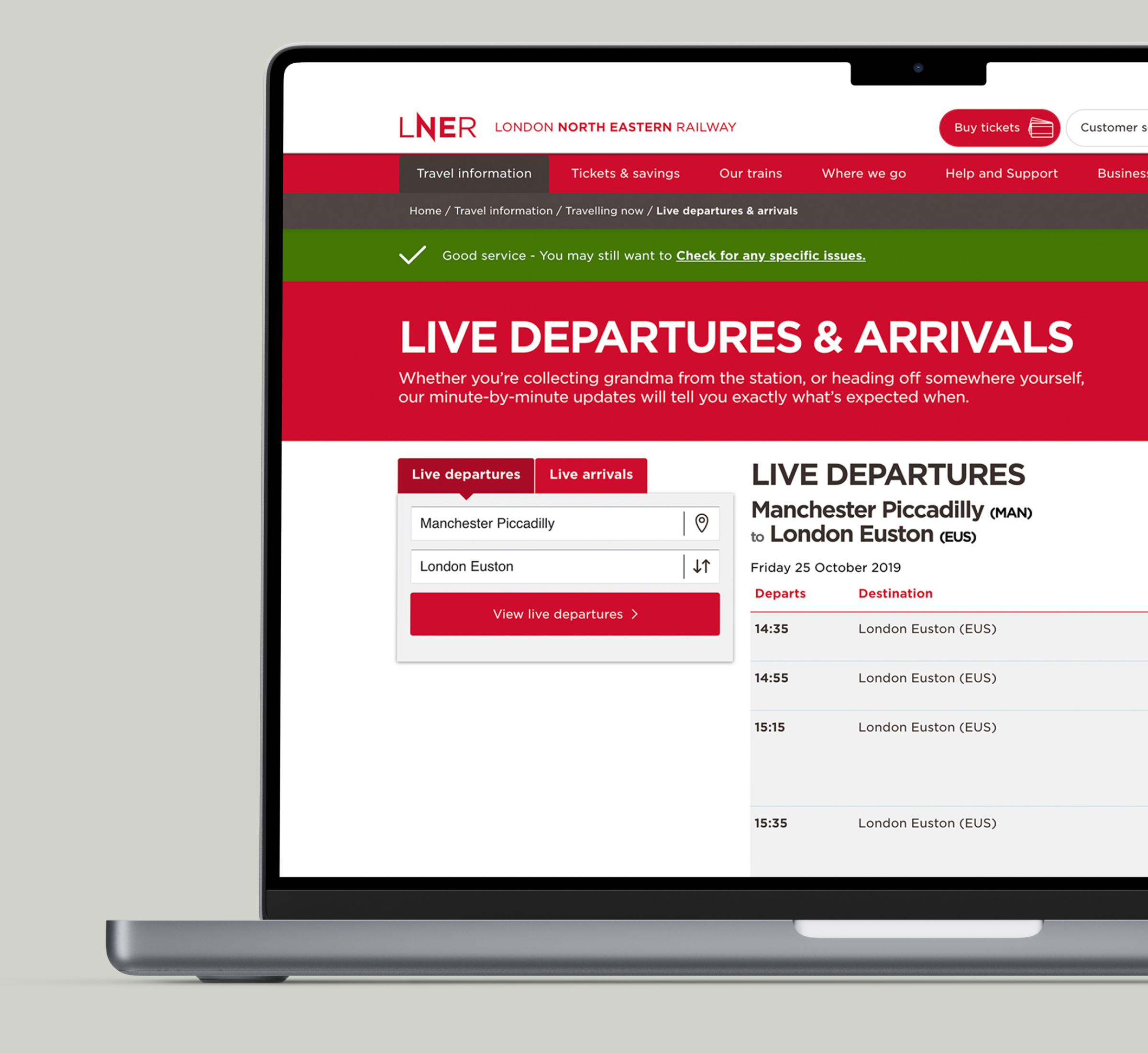 A laptop screen displaying the LNER website, specifically the 'Live Departures & Arrivals' section. The screen shows live train departure information for a route from Manchester Piccadilly to London Euston, with minute-by-minute updates and service status.