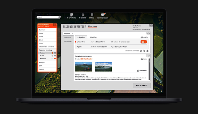 A mockup of a laptop with the interface of the web app for the U.S. Department of Agriculture, showing features to  plot and save land coordinates.