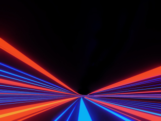 A dynamic digital illustration featuring red and blue neon light streaks converging towards a central vanishing point against a black background. The design symbolizes speed, digital transformation, and futuristic innovation, making it ideal for technology and business conference themes.