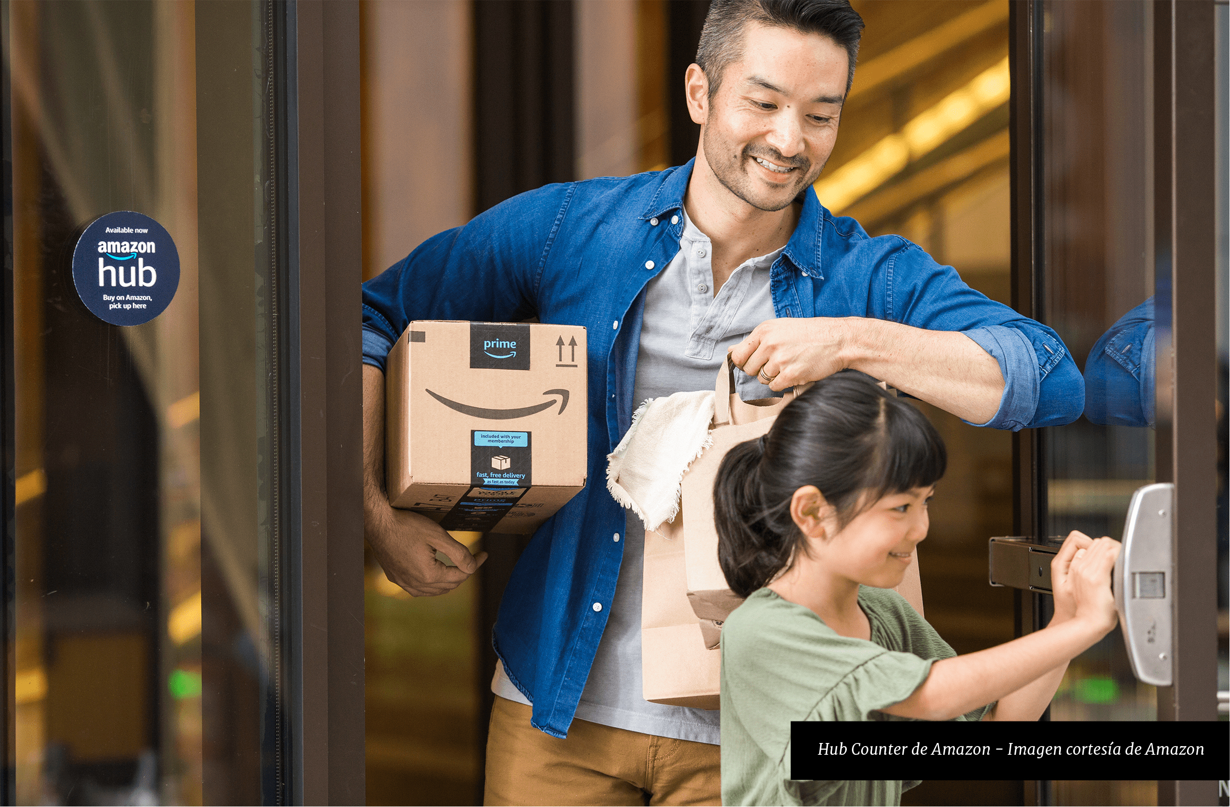 man carrying a package while girl opens the door